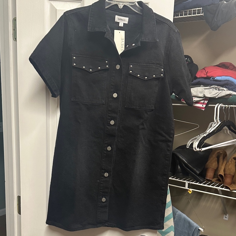 Evereve Black Stud-Trim Short Sleeve Denim Shirt Dress